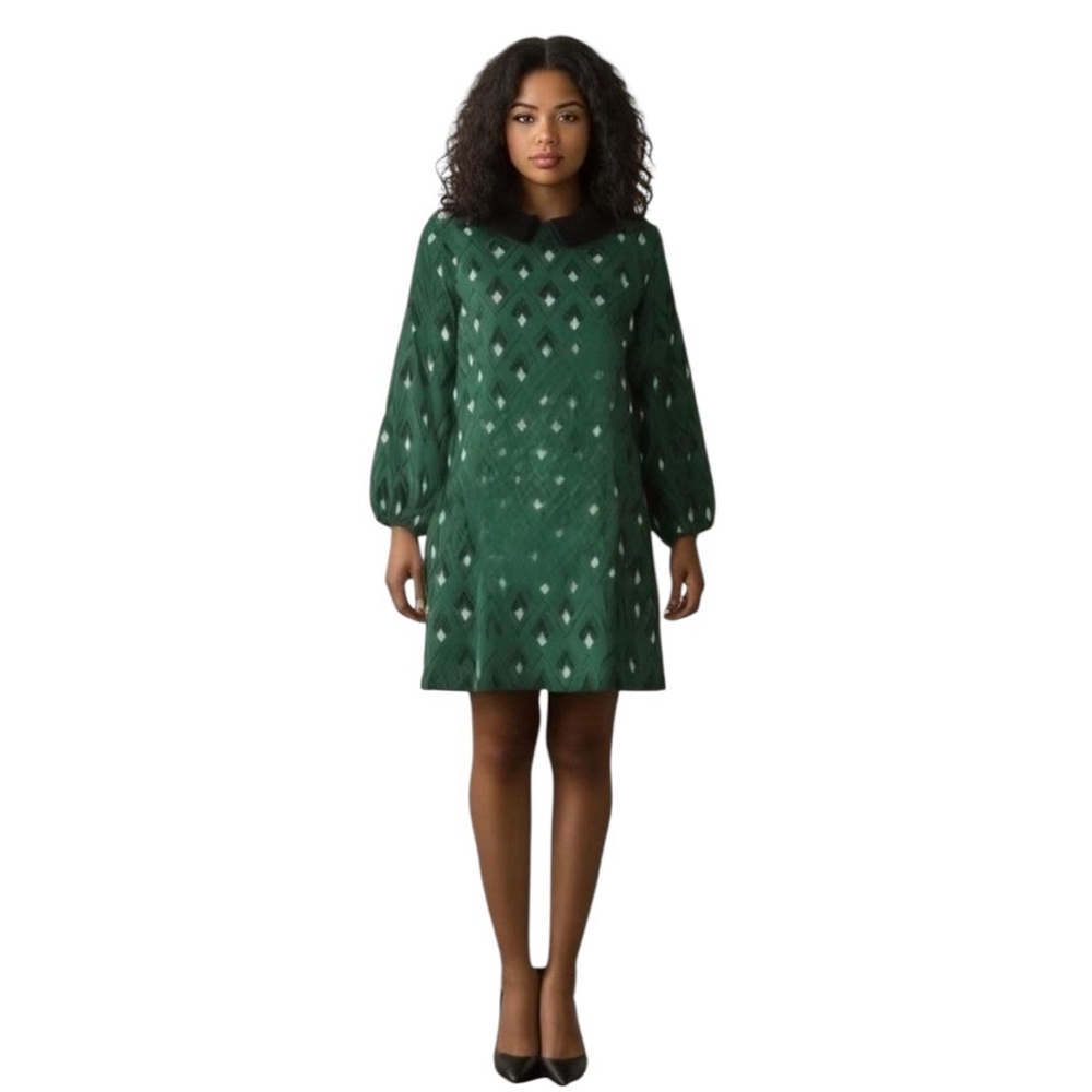 MODCLOTH YOU MAKE LOVING FUN GREEN SHIFT PETER PAN COLLAR LONG SLEEVE DRESS M